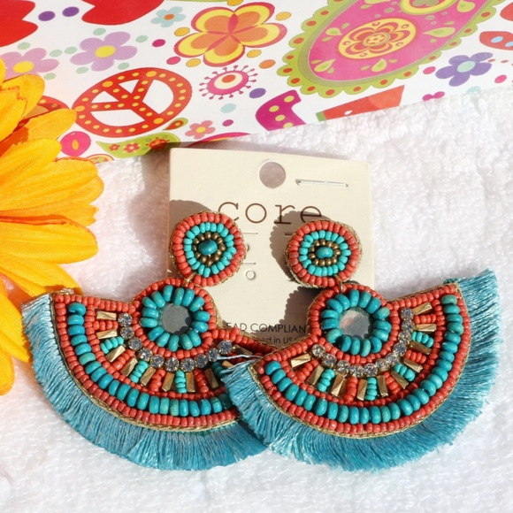 Core Jewelry - Boho Seed Bead Fan Dangle Post Earrings Turquoise